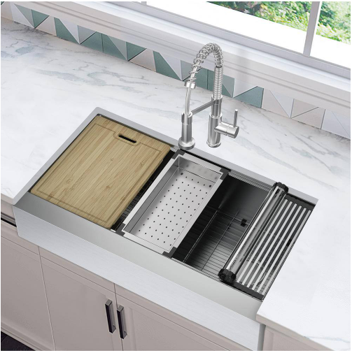 Glacier Bay Professional Zero Radius 36 in. Apron-Front Double Bowl Stainless Steel Workstation Kitchen Sink with Accessories